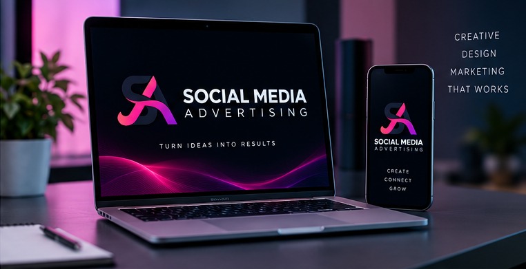 Social Media Advertising logo and tagline shown on a laptop and phone screen mockup
