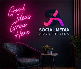 Neon sign reading Good Ideas Grow Here next to the Social Media Advertising logo