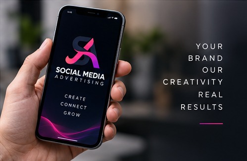 Social Media Advertising app screen held in a hand