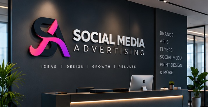 Social Media Advertising logo signage behind an office reception desk