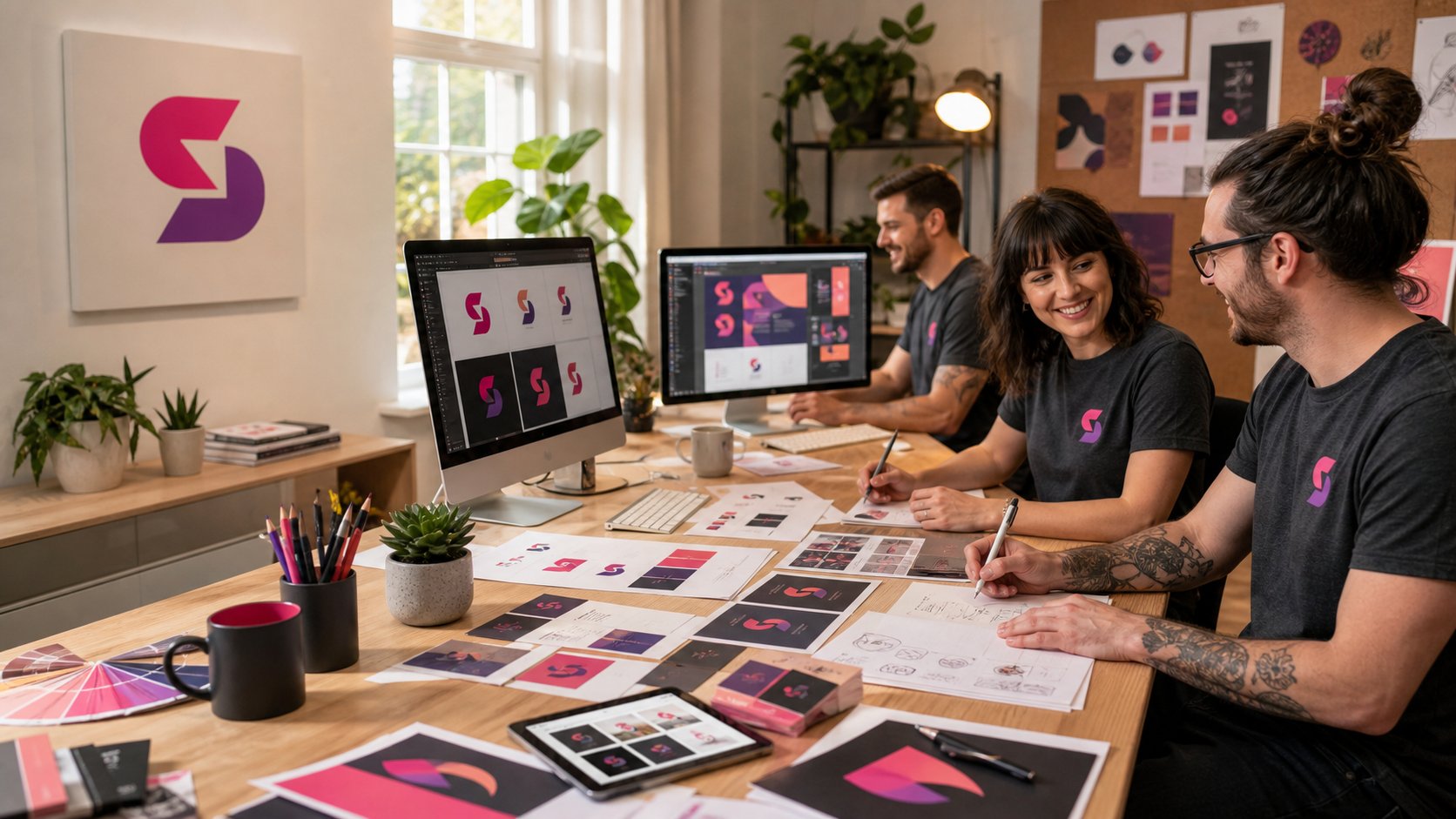 The Social Media Advertising studio team wearing branded logo t-shirts, working on brand concepts together